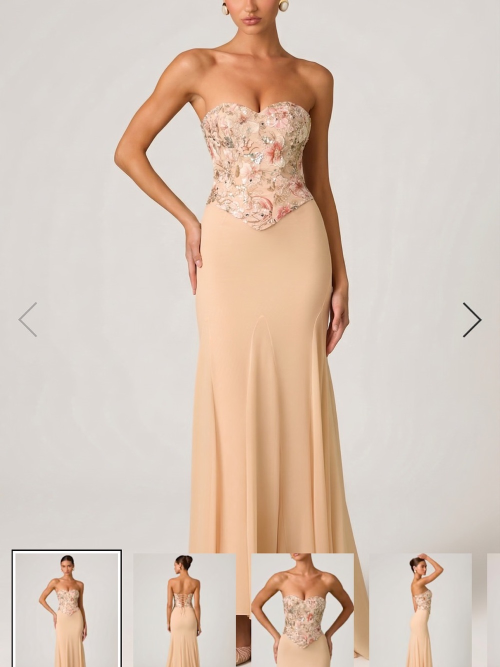 Oh Polly Nude-Pink Strapless Floral Appliqué Bustier Gown
